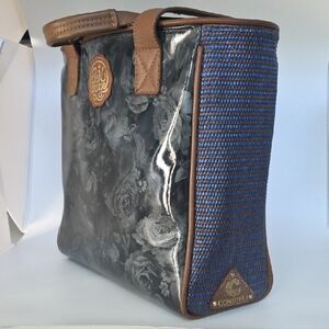 Consuela Blue Floral With Tan Leather Trim & Handles Bon Voyage Classic Tote